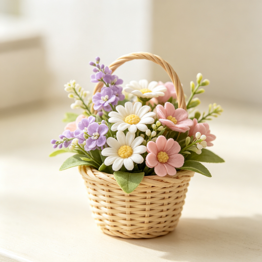 Small Woven Basket with Artificial Flowers, Gift-Ready for Mother’s Day & Gifting