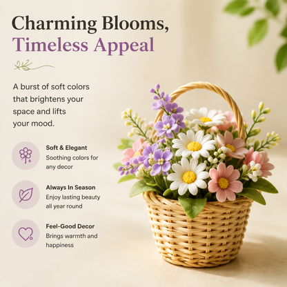Small Woven Basket with Artificial Flowers, Gift-Ready for Mother’s Day & Gifting