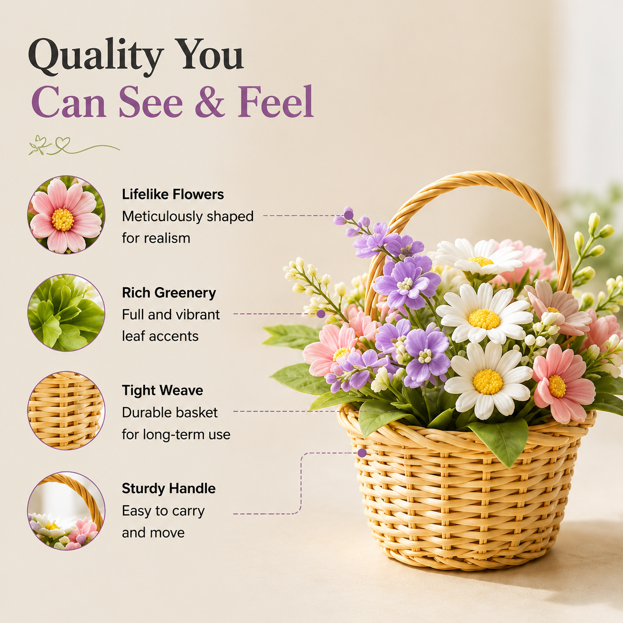 Small Woven Basket with Artificial Flowers, Gift-Ready for Mother’s Day & Gifting