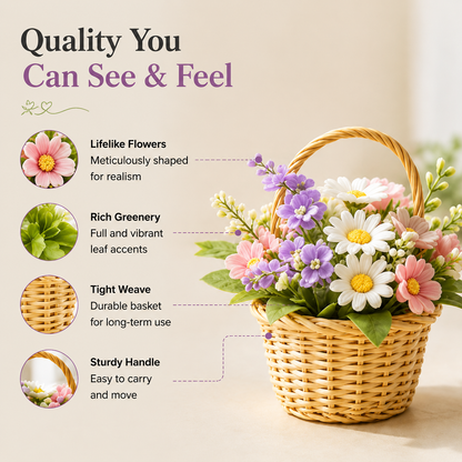 Small Woven Basket with Artificial Flowers, Gift-Ready for Mother’s Day & Gifting