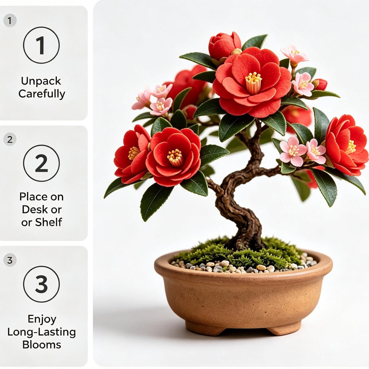 Shineiva® Red Camellia Mini Bonsai in Brown Ceramic Pot