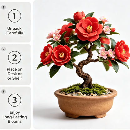 Shineiva® Red Camellia Mini Bonsai in Brown Ceramic Pot