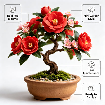 Shineiva® Red Camellia Mini Bonsai in Brown Ceramic Pot