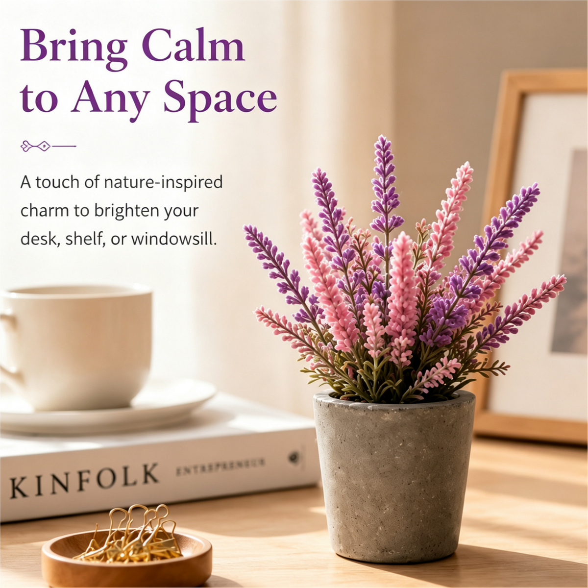 Shineiva® Small Artificial Lavender Flowers in Cement Pot, Shelf & Windowsill Decor