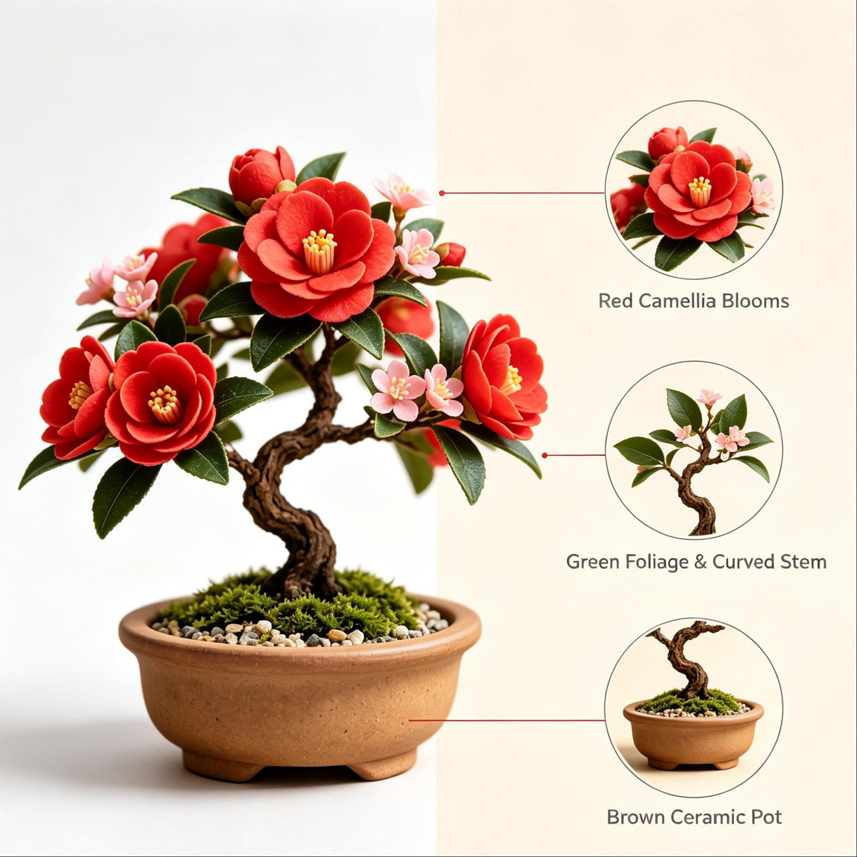 Shineiva® Red Camellia Mini Bonsai in Brown Ceramic Pot