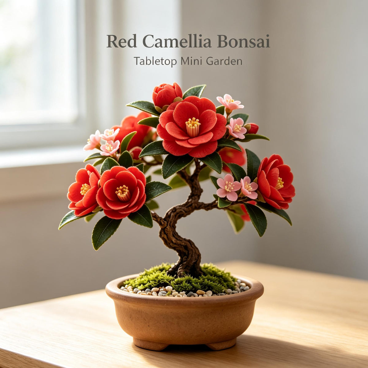 Shineiva® Red Camellia Mini Bonsai in Brown Ceramic Pot