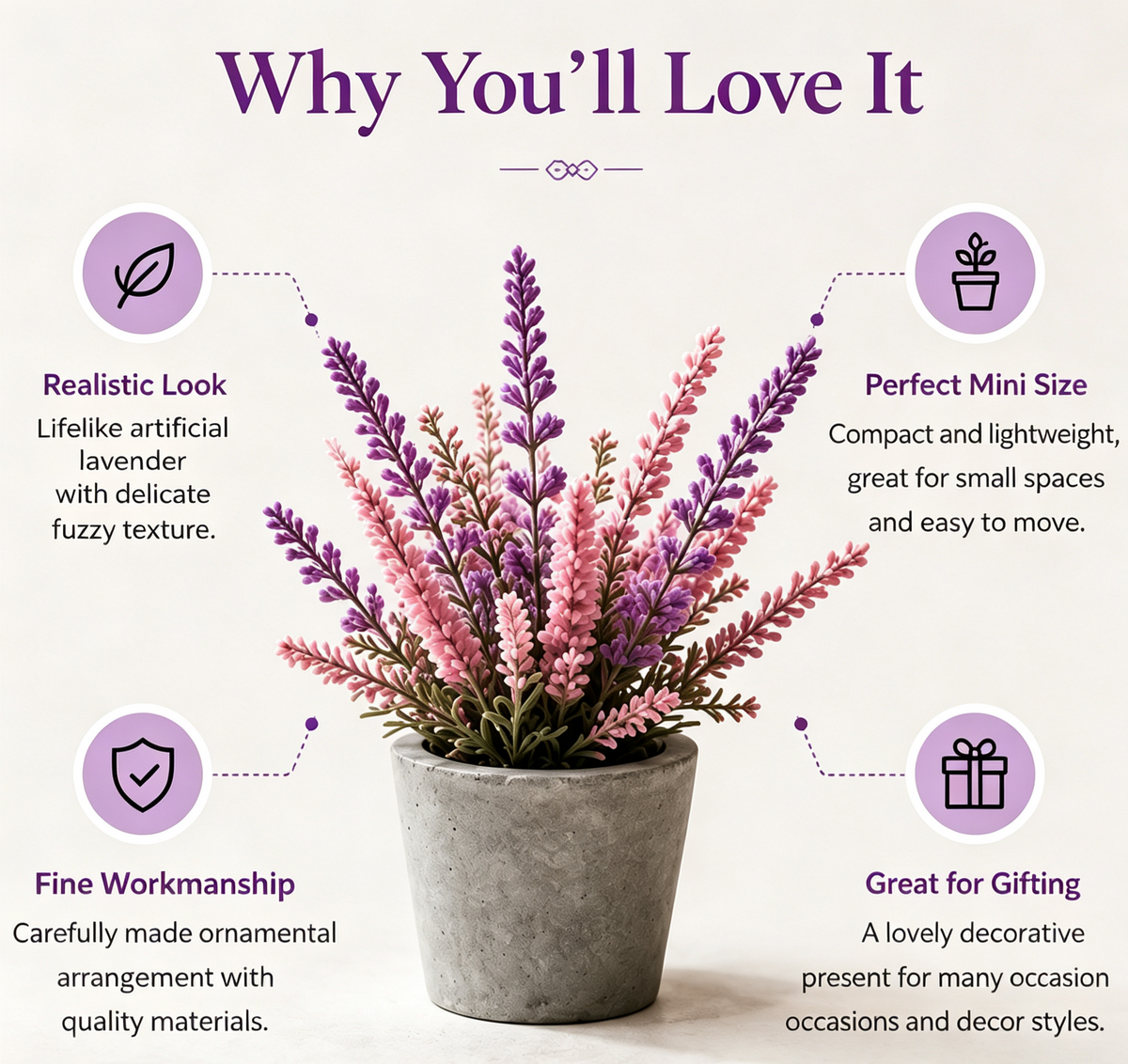 Shineiva® Small Artificial Lavender Flowers in Cement Pot, Shelf & Windowsill Decor
