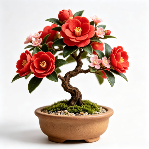 Shineiva® Red Camellia Mini Bonsai in Brown Ceramic Pot