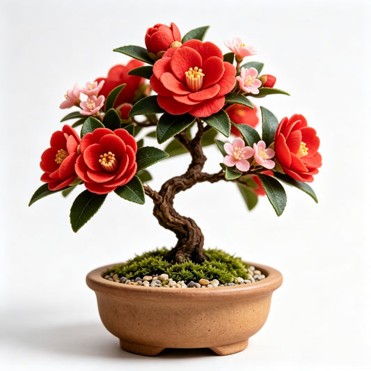 Shineiva® Red Camellia Mini Bonsai in Brown Ceramic Pot