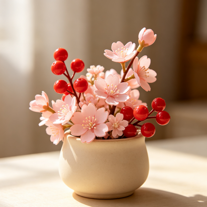 Mini Artificial Cherry Blossom & Berry Plant with Ceramic Pot, Tabletop Decor