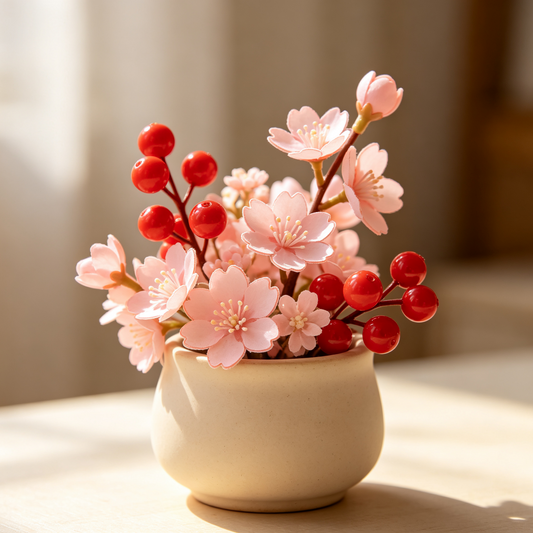 Mini Artificial Cherry Blossom & Berry Plant with Ceramic Pot, Tabletop Decor
