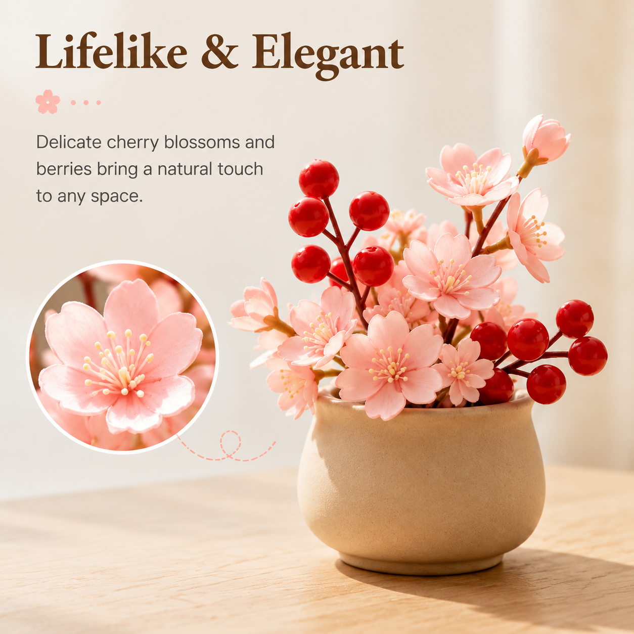 Mini Artificial Cherry Blossom & Berry Plant with Ceramic Pot, Tabletop Decor