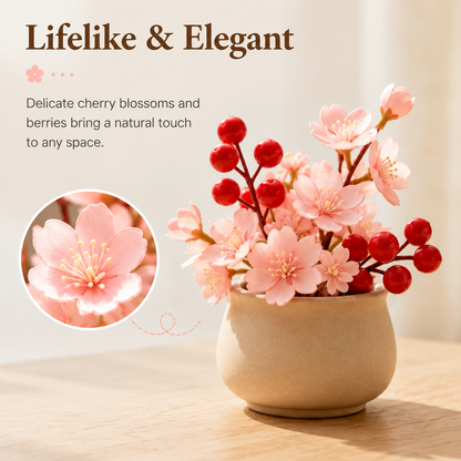 Mini Artificial Cherry Blossom & Berry Plant with Ceramic Pot, Tabletop Decor