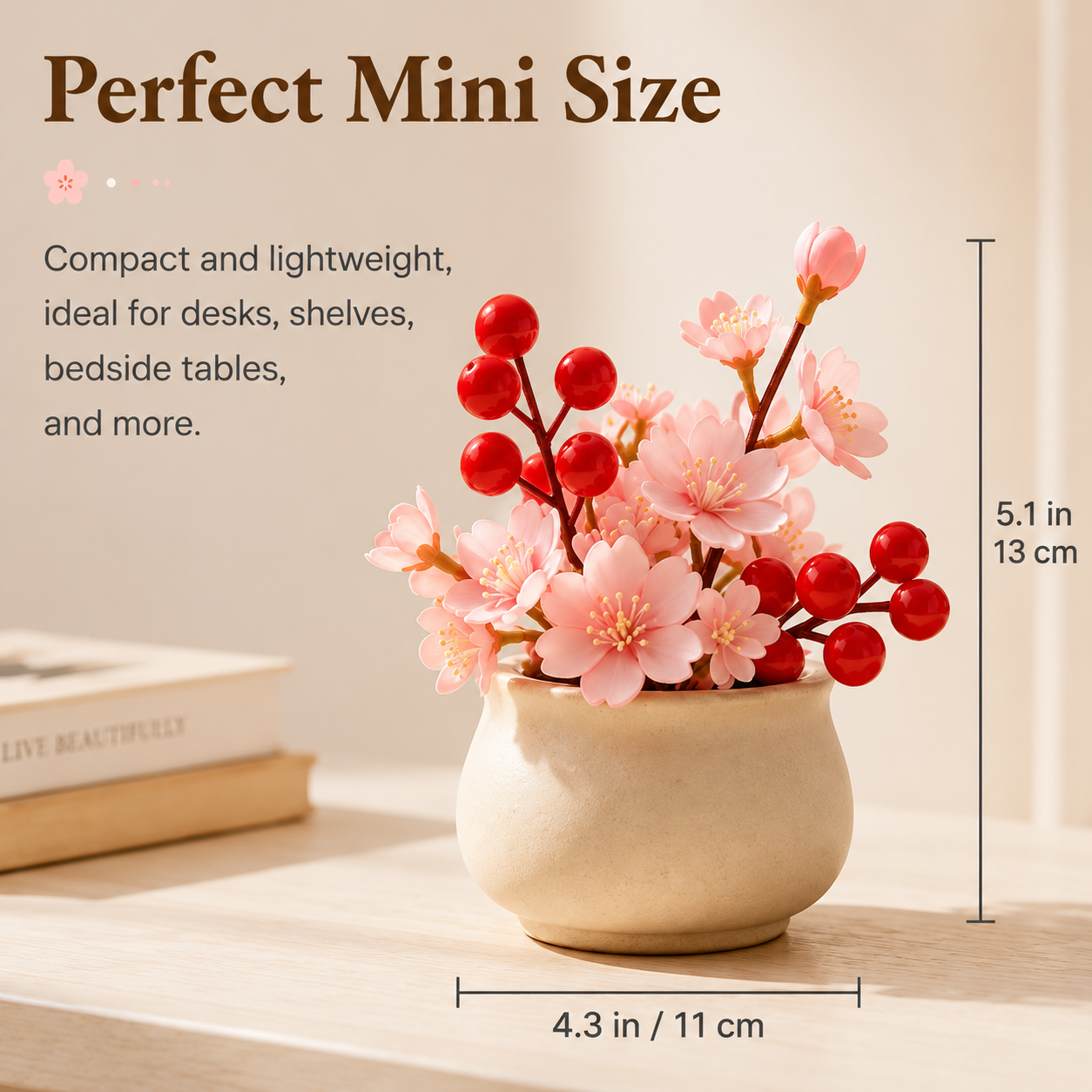 Mini Artificial Cherry Blossom & Berry Plant with Ceramic Pot, Tabletop Decor