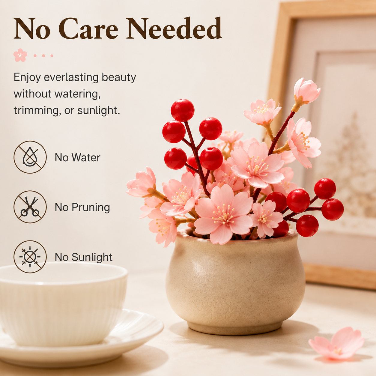 Mini Artificial Cherry Blossom & Berry Plant with Ceramic Pot, Tabletop Decor