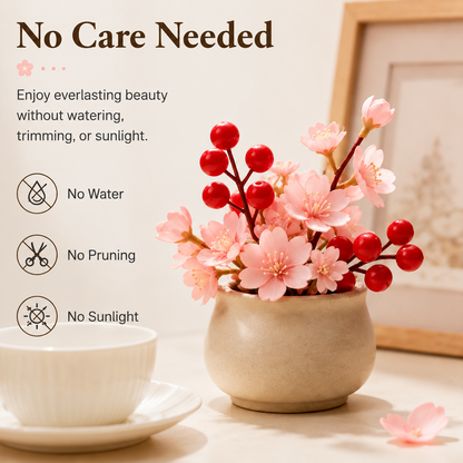 Mini Artificial Cherry Blossom & Berry Plant with Ceramic Pot, Tabletop Decor
