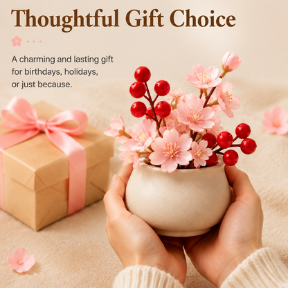 Mini Artificial Cherry Blossom & Berry Plant with Ceramic Pot, Tabletop Decor