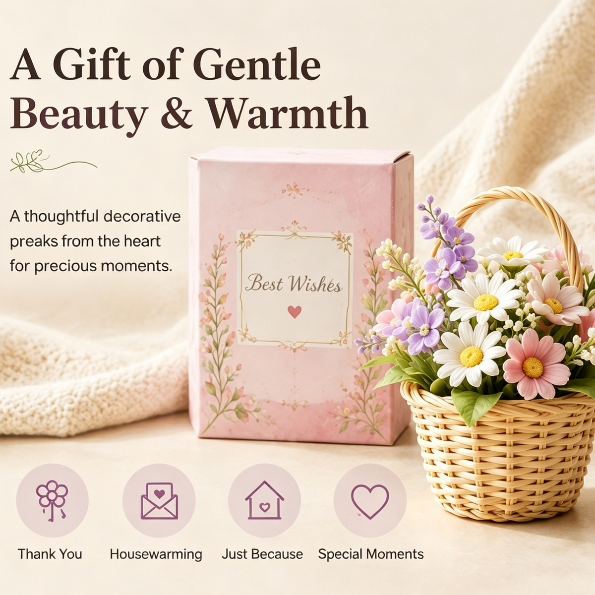 Shineiva® Small Woven Basket with Artificial Flowers, Tabletop Decor
