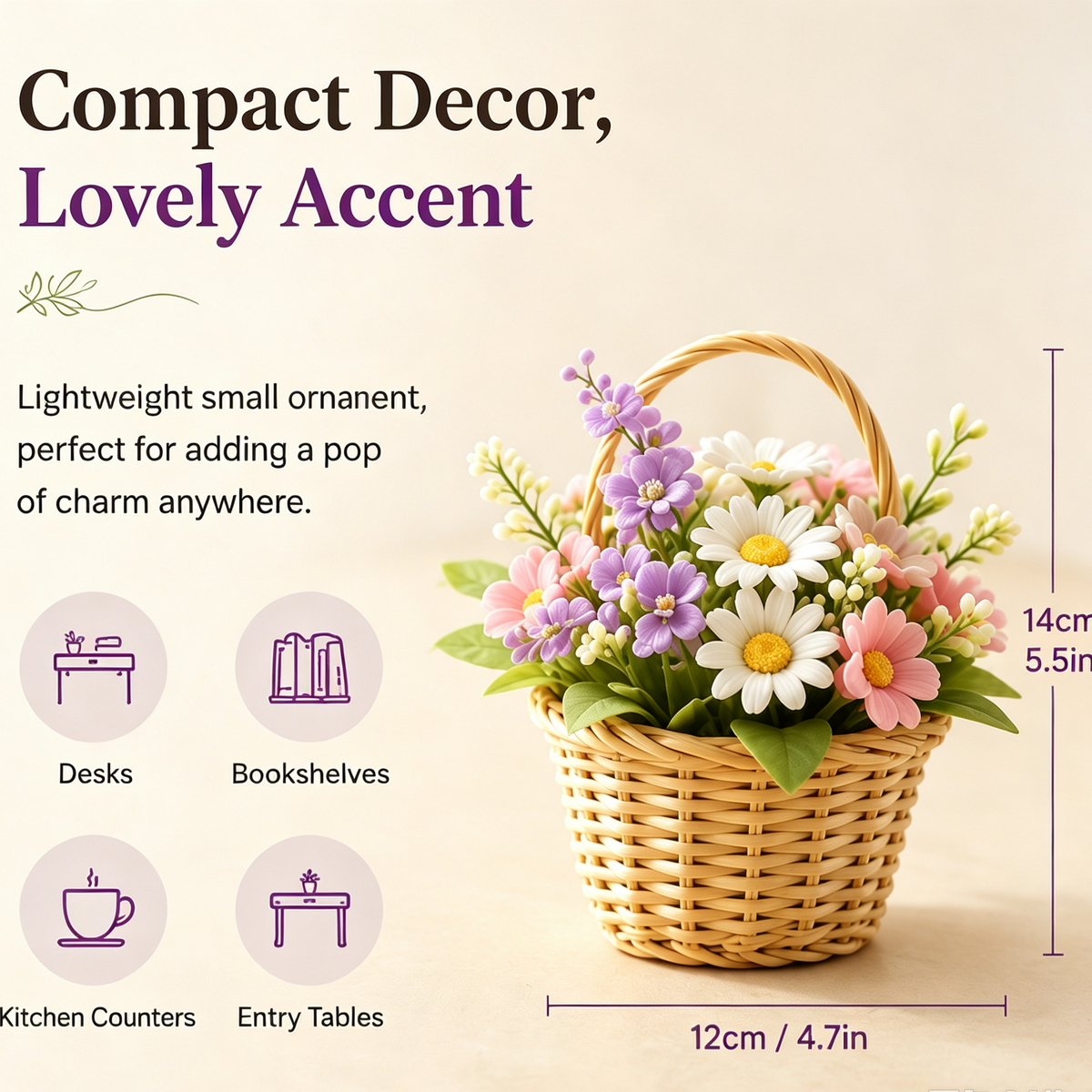 Shineiva® Small Woven Basket with Artificial Flowers, Tabletop Decor