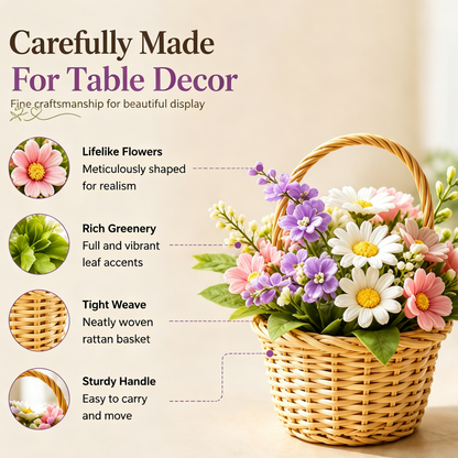 Shineiva® Small Woven Basket with Artificial Flowers, Tabletop Decor