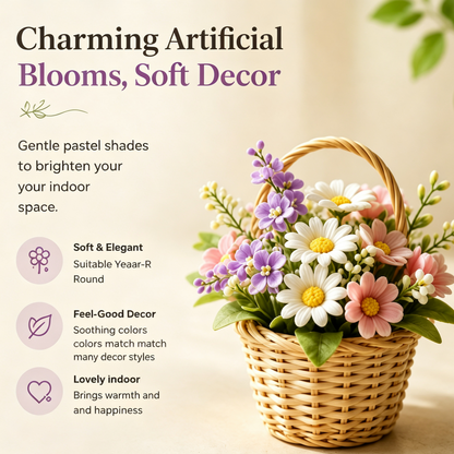 Shineiva® Small Woven Basket with Artificial Flowers, Tabletop Decor