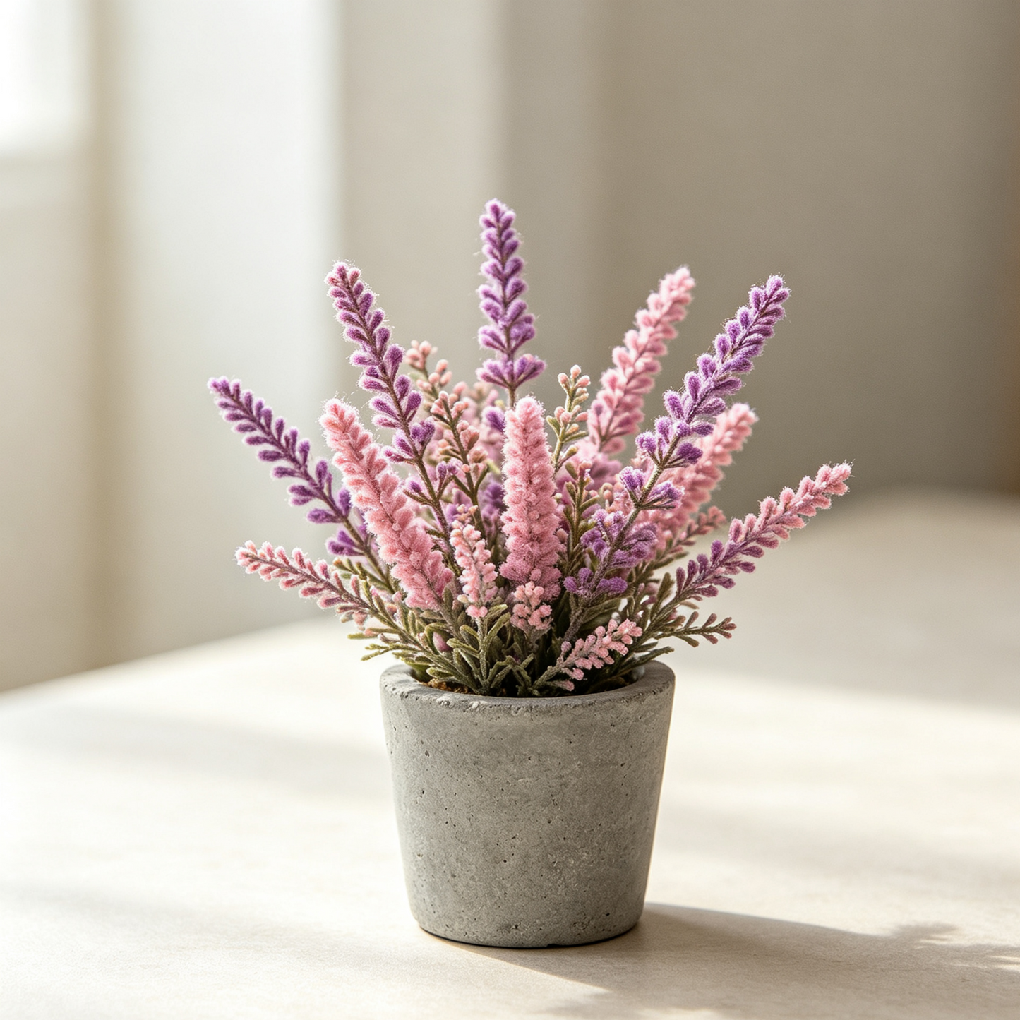 Small Realistic Lavender Flowers in Cement Pot, Shelf & Windowsill Decor