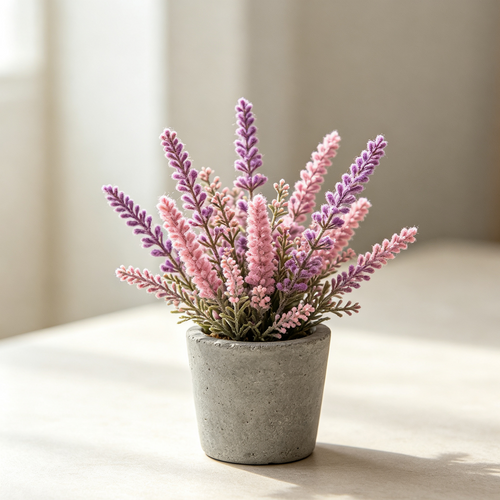 Small Realistic Lavender Flowers in Cement Pot, Shelf & Windowsill Decor