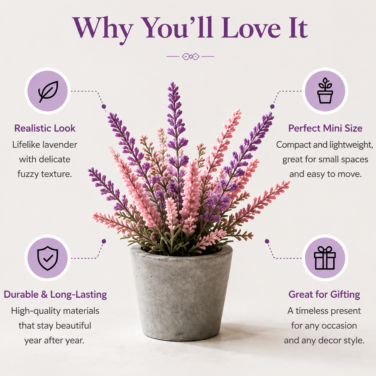 Small Realistic Lavender Flowers in Cement Pot, Shelf & Windowsill Decor