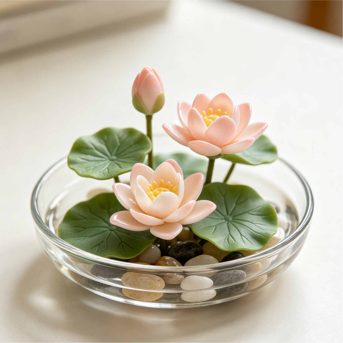 Mini Artificial Lotus Water Lily with Glass Bowl & Pebbles, Tabletop Decor
