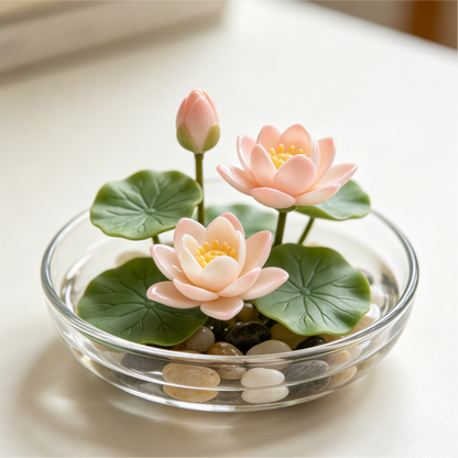 Mini Artificial Lotus Water Lily with Glass Bowl & Pebbles, Tabletop Decor