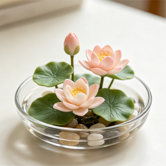 Mini Artificial Lotus Water Lily with Glass Bowl & Pebbles, Tabletop Decor