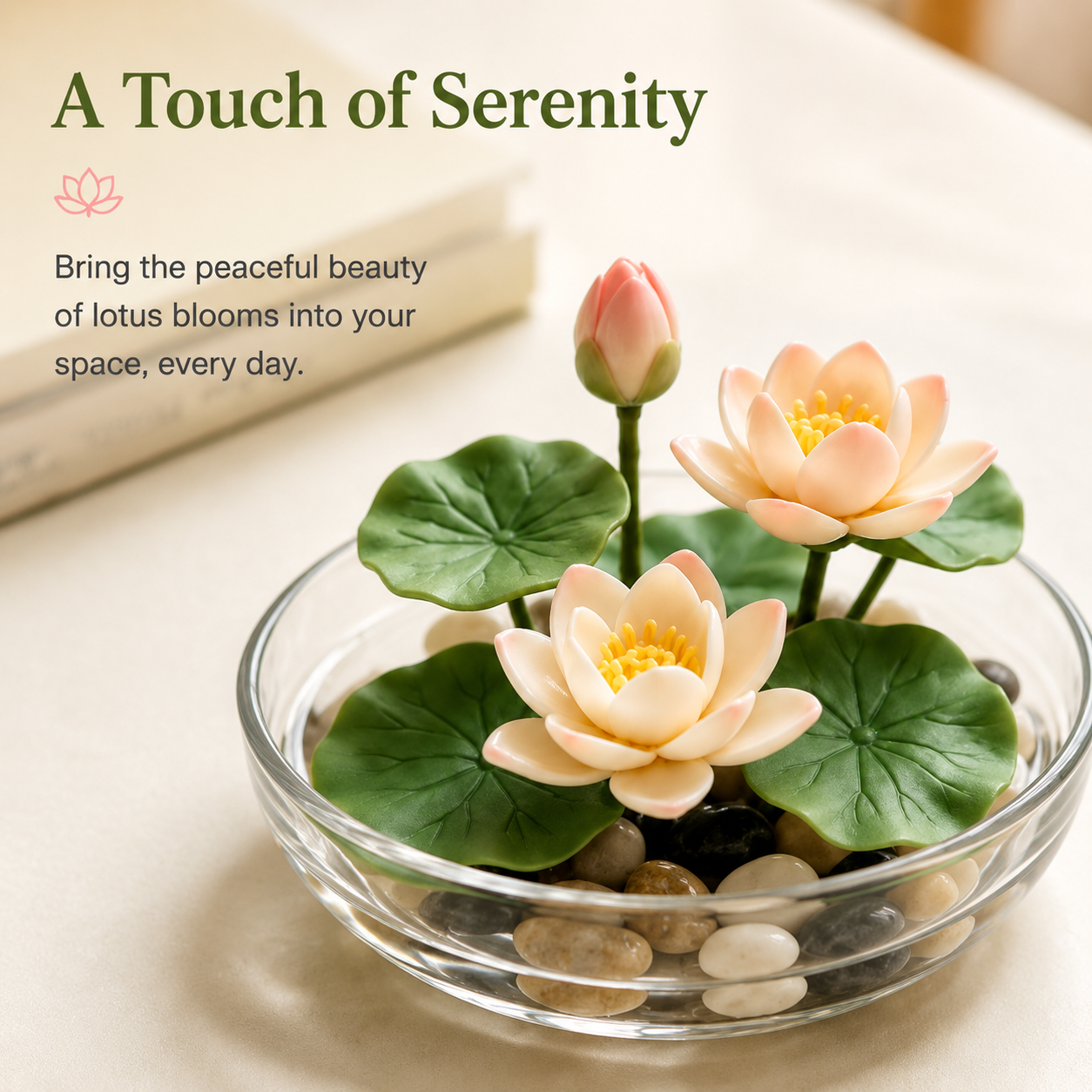 Mini Artificial Lotus Water Lily with Glass Bowl & Pebbles, Tabletop Decor