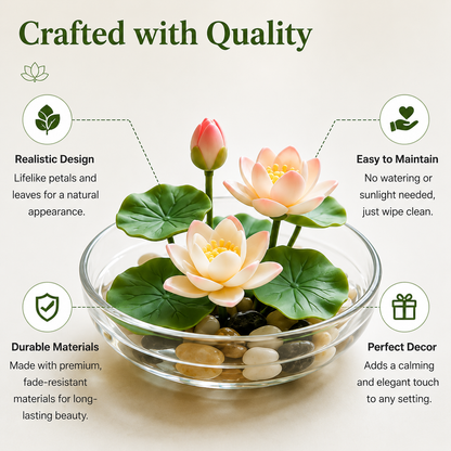 Mini Artificial Lotus Water Lily with Glass Bowl & Pebbles, Tabletop Decor