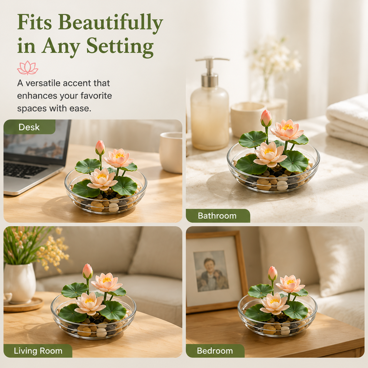 Mini Artificial Lotus Water Lily with Glass Bowl & Pebbles, Tabletop Decor