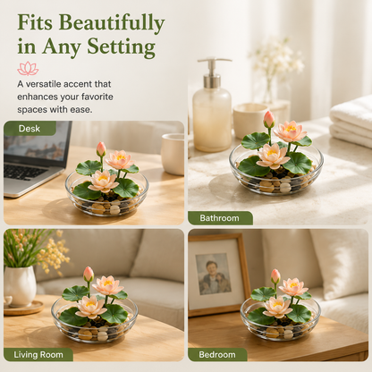 Mini Artificial Lotus Water Lily with Glass Bowl & Pebbles, Tabletop Decor