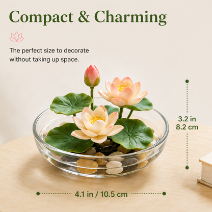 Mini Artificial Lotus Water Lily with Glass Bowl & Pebbles, Tabletop Decor