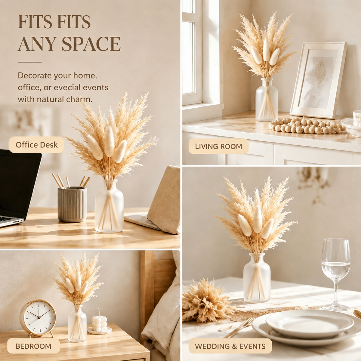 Shineiva® Small Dried Pampas Grass Bouquet with Frosted Glass Vase, Home & Office Decor