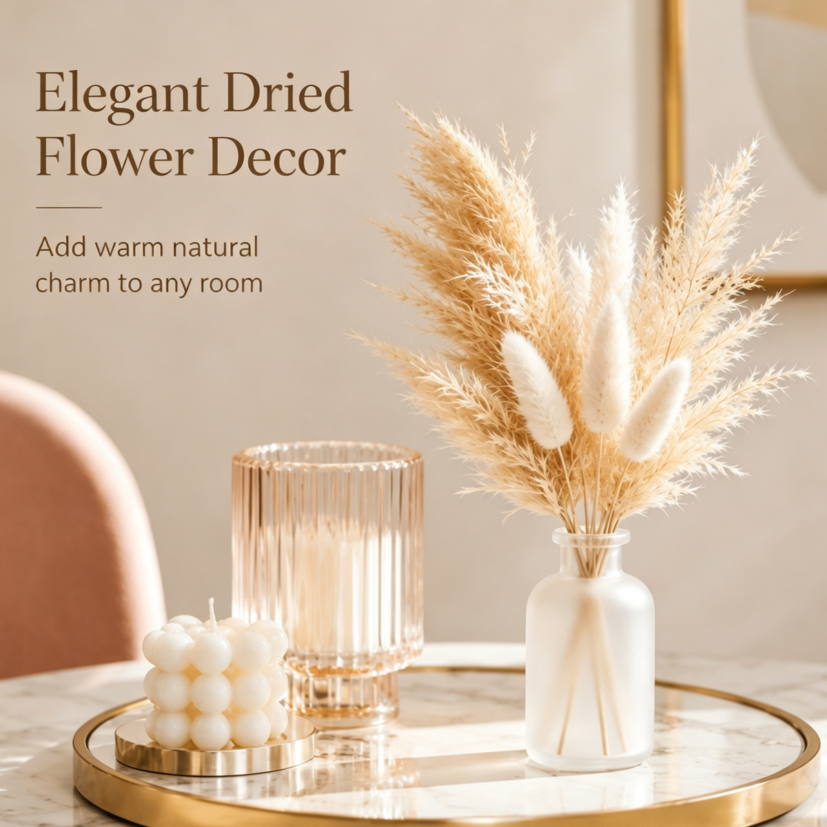 Shineiva® Small Dried Pampas Grass Bouquet with Frosted Glass Vase, Home & Office Decor