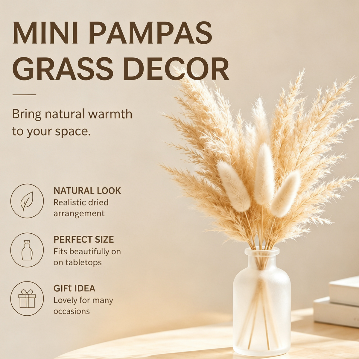 Shineiva® Small Dried Pampas Grass Bouquet with Frosted Glass Vase, Home & Office Decor