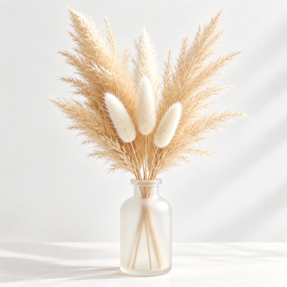 Shineiva® Small Dried Pampas Grass Bouquet with Frosted Glass Vase, Home & Office Decor